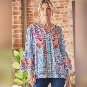 Andree By Unit Boho Floral Embroidered Tunic Top Bell Sleeves Size 1X‎
